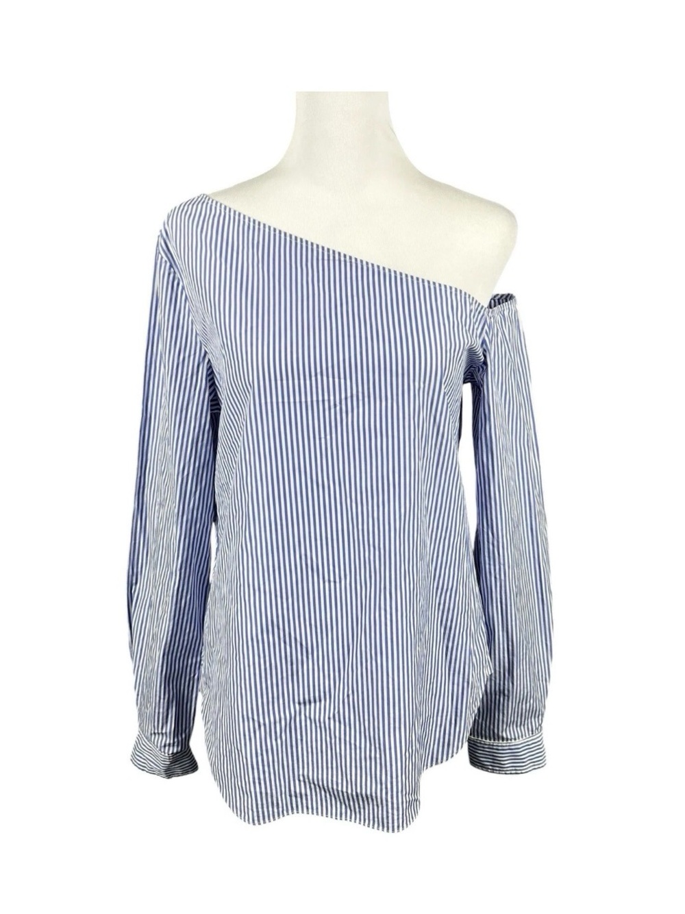 Theory Blue and White Striped One-Shoulder Blouse